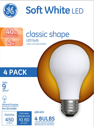 5W Med A19 LED SW  GLASS 40W Eq. 4 pk NON on Sale