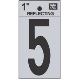 Address Numbers, “5”, Reflective Black/Silver Vinyl, Adhesive, 1-In. Supply