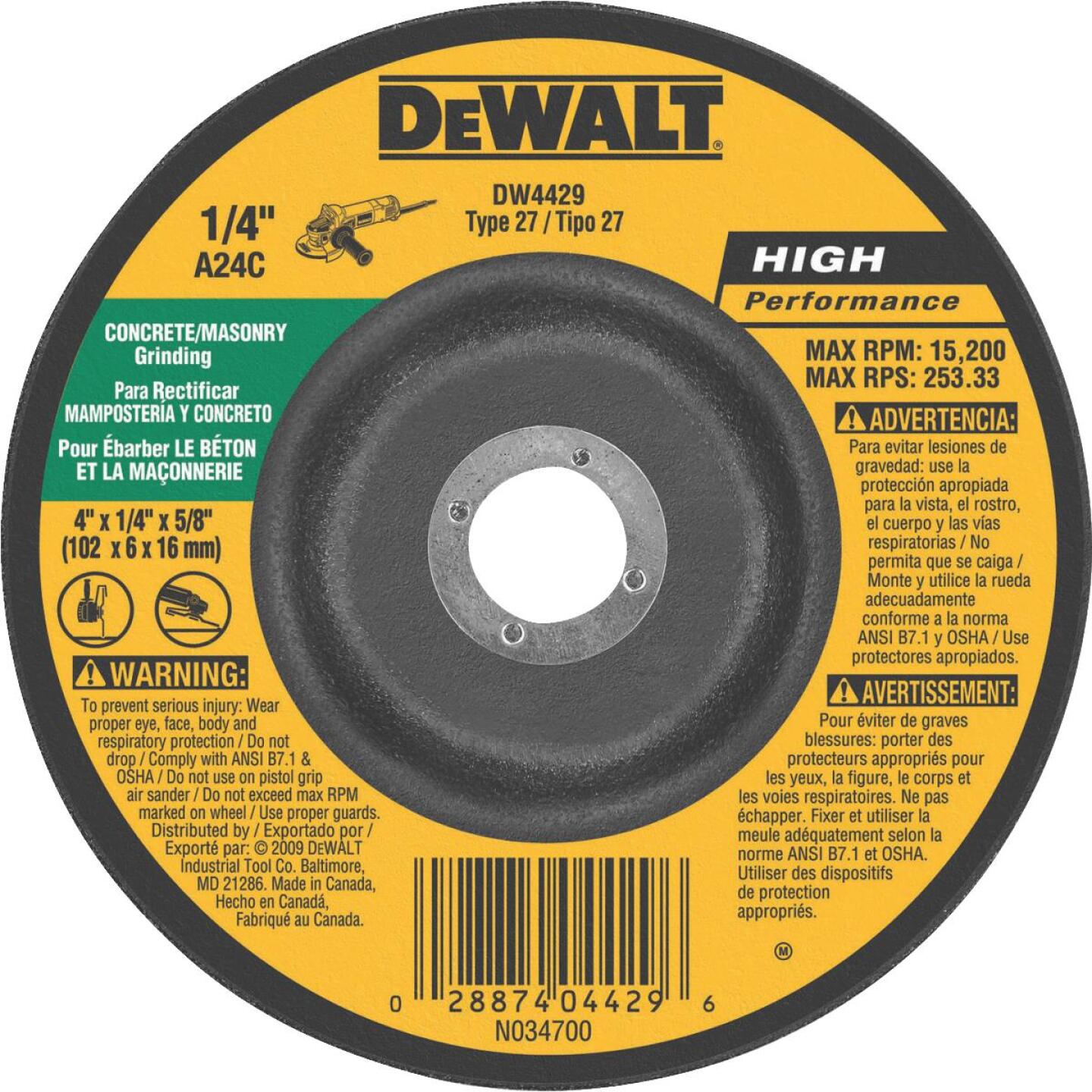 DeWalt HP Type 27 4 In. x 1/4 In. x 5/8 In. Masonry Grinding Cut-Off Wheel Supply