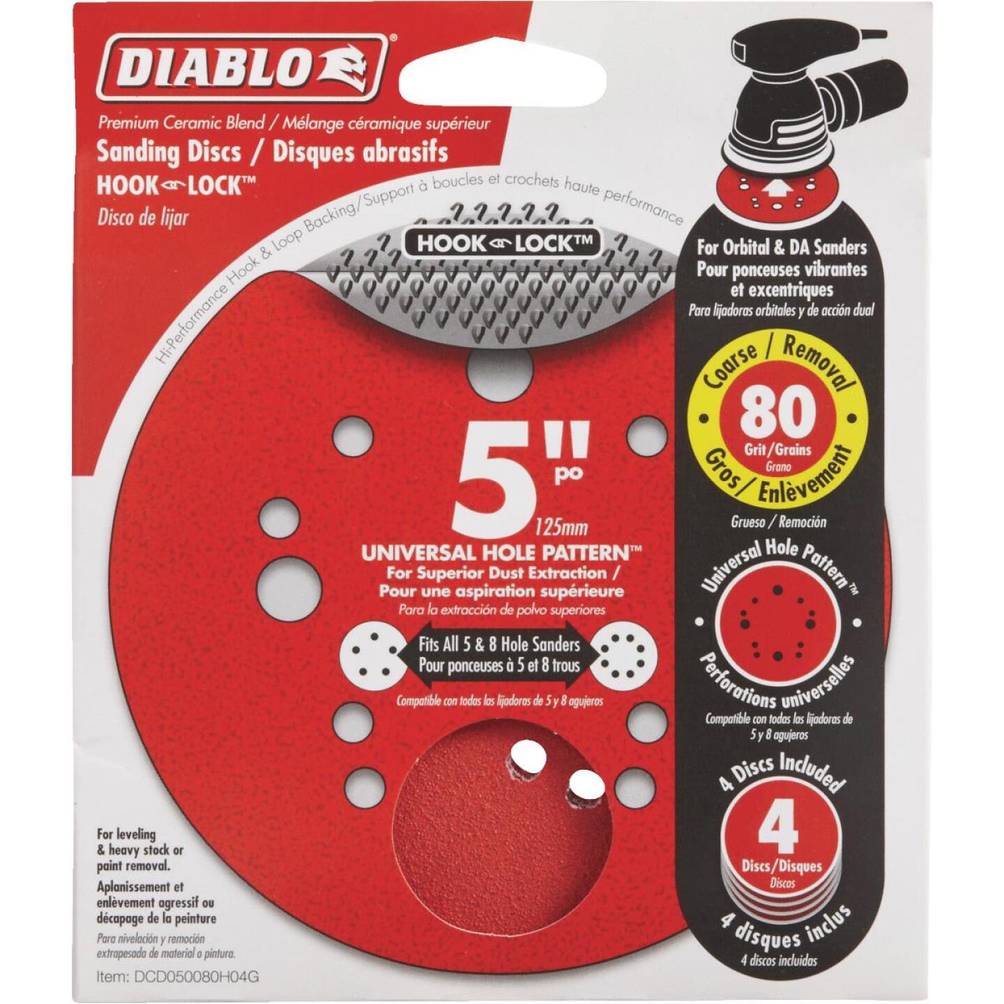 Diablo 5 In. 80-Grit Universal Hole Pattern Vented Sanding Disc with Hook and Lock Backing (4-Pack) Supply