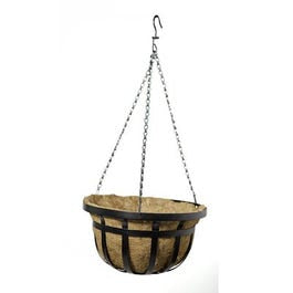 Hanging Basket With Coco Liner, Flat Iron Style, Black Steel, 14-In. on Sale