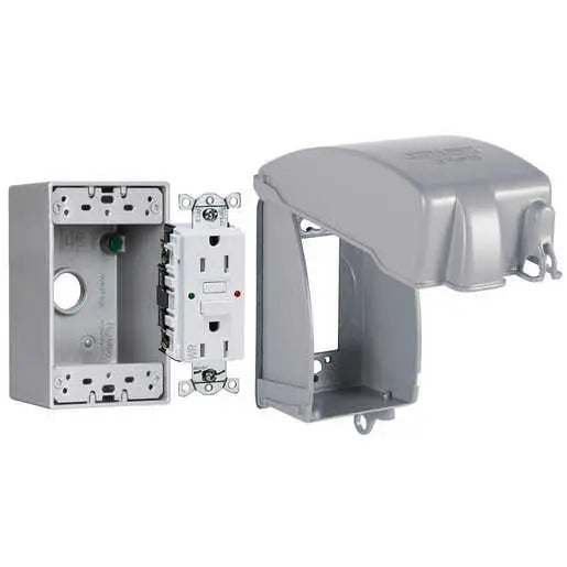 Hubbell TayMac 1-Gang, Complete In-Use Cover Kit – EXTRA DUTY® Hubbell WRTR 15A Self Test GFCI, Metal In-Use Cover, Box Supply