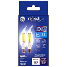 Refresh HD Decorative LED Light Bulbs, Candelabra Base, Daylight, Clear, Dimmable, 500 Lumens, 6.5-Watts, 2-Pk. Supply