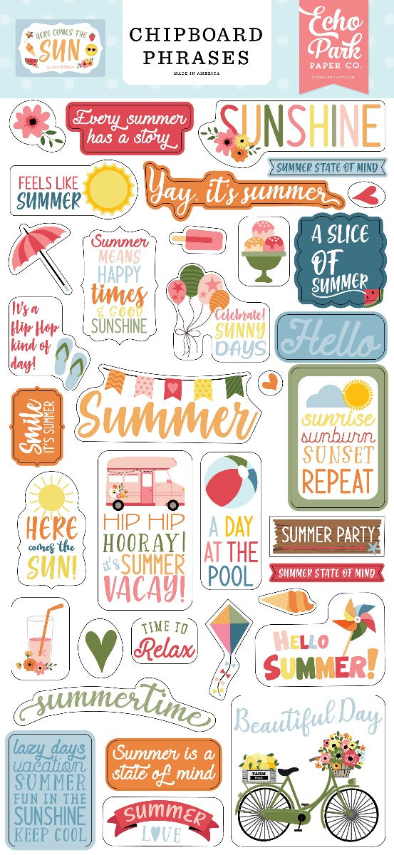 Chipboard Phrases, 6×13 – Here Comes the Sun Collection – Echo Park Hot on Sale