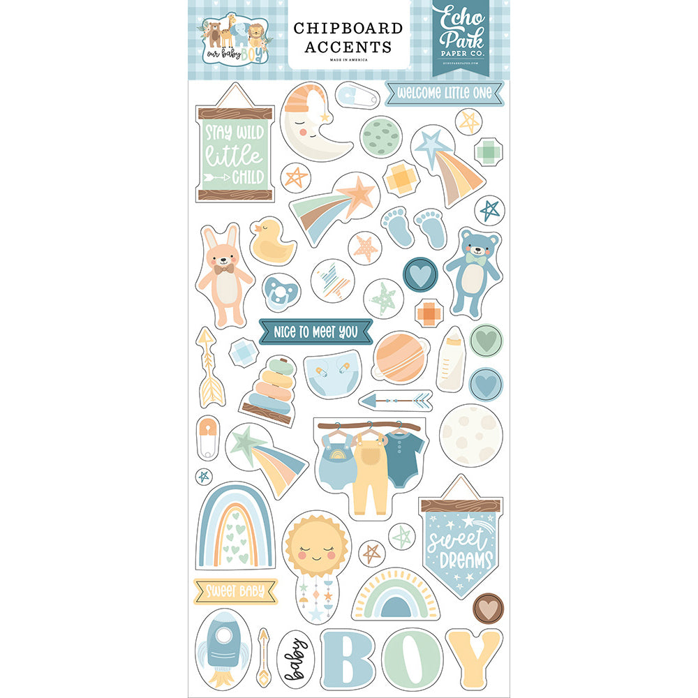 6 x 13 Chipboard Accents – Our Baby Boy Collection – Echo Park Sale