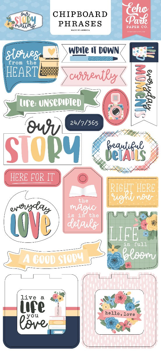 Chipboard Phrases, 6×13 – Our Story Matters – Echo Park Discount