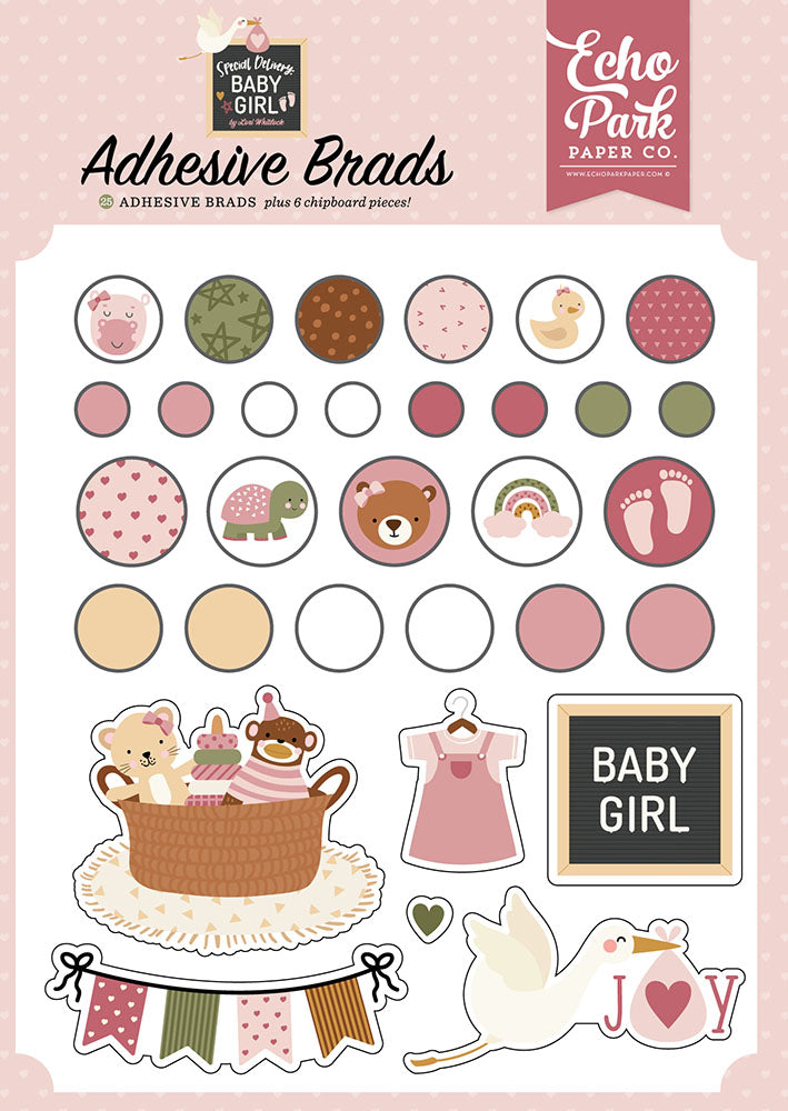 Special Delivery Baby Girl Adhesive Brads – Echo Park Discount