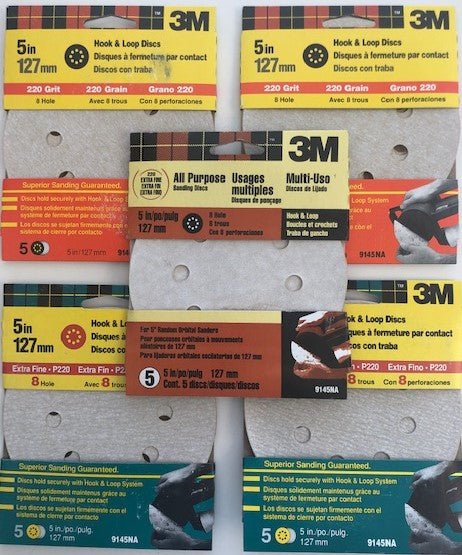 3M 9145NA 5″ 220 Grit 8 Hole Hook & Loop Sanding Discs 5 Packs of 5 USA Supply