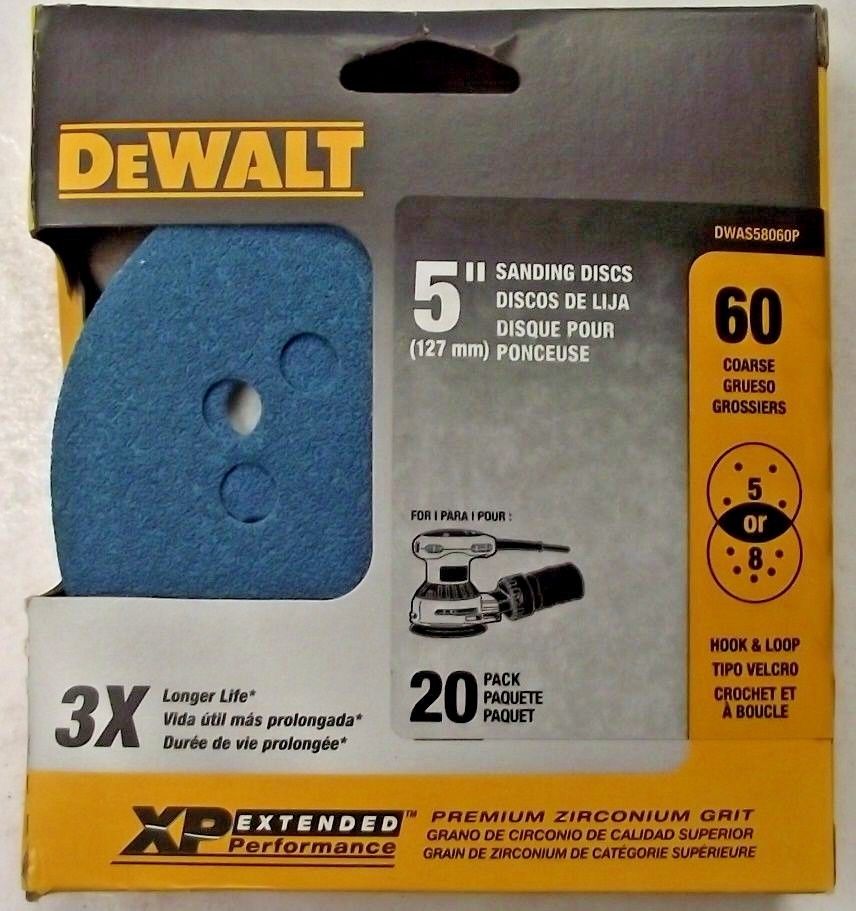 Dewalt DWAS58060P 5″ 5 or 8 Hole XP Sanding Discs 60 Grit Hook & Loop 20 Pack Supply